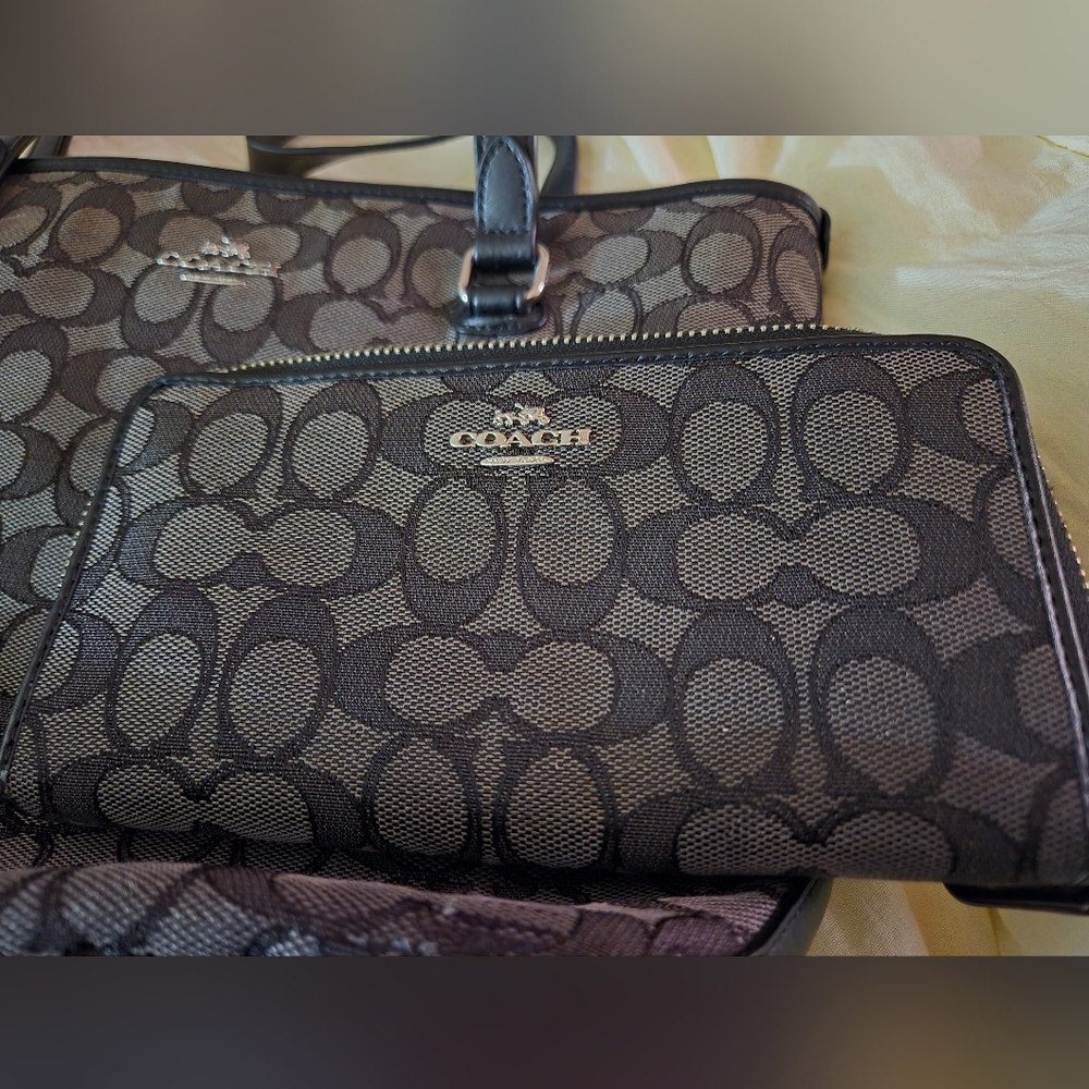 Coach Black and Gray Signature Tote Bag With Matching Wallet.